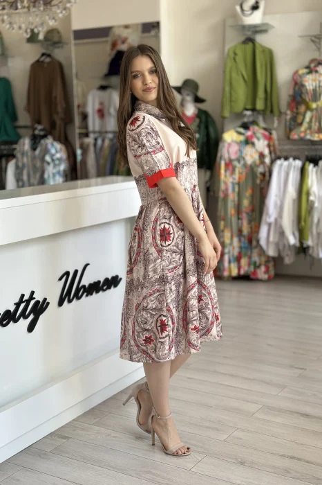 Rochie midi bej cu imprimeu vintage rosu [3]