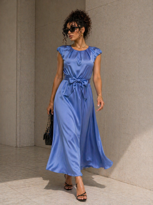 Rochie midi dama bleu cu cordon in talie [3]