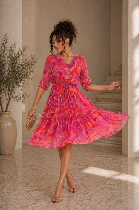 Rochie midi dama roz cu imprimeu abstract floral [2]