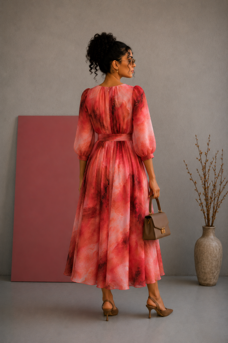 Rochie midi rosie din voal cu cordon in talie [4]