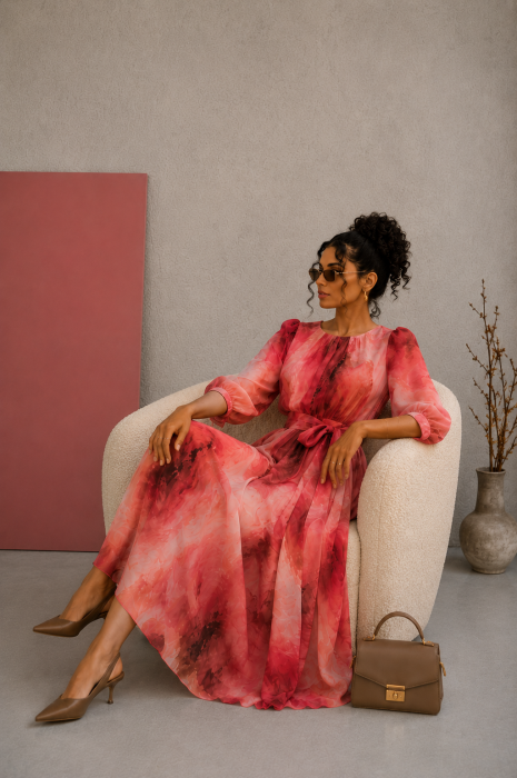 Rochie midi rosie din voal cu cordon in talie [3]