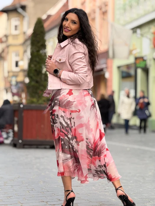 Rochie midi roz in clos cu imprimeu abstract [8]