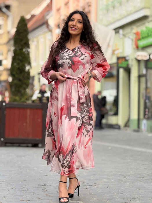 Rochie midi roz in clos cu imprimeu abstract [2]