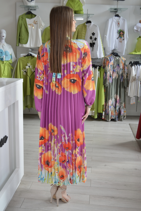 Rochie mov plisata lunga cu imprimeu flori multicolore [3]