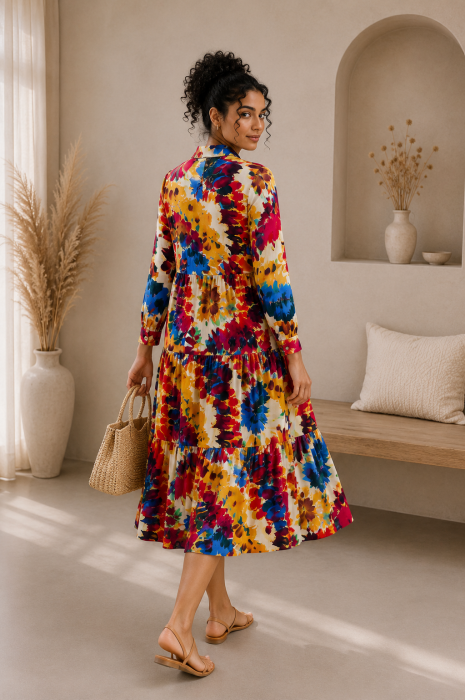 Rochie multicolora din bumbac cu imprimeu in nuante de rosu [4]