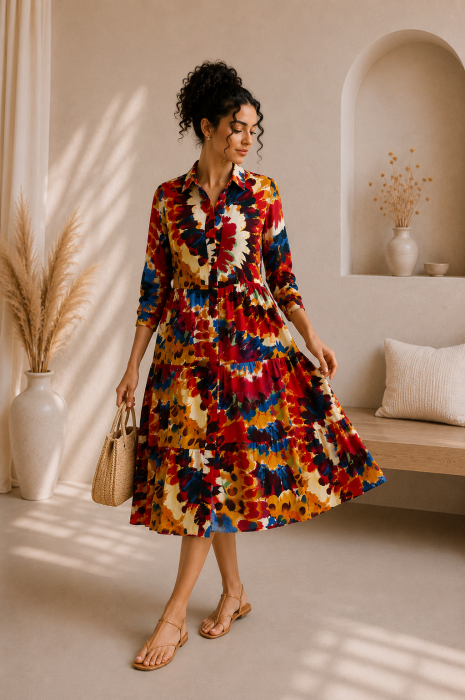 Rochie multicolora din bumbac cu imprimeu in nuante de rosu [2]