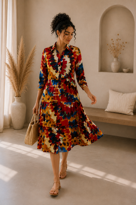 Rochie multicolora din bumbac cu imprimeu in nuante de rosu [3]
