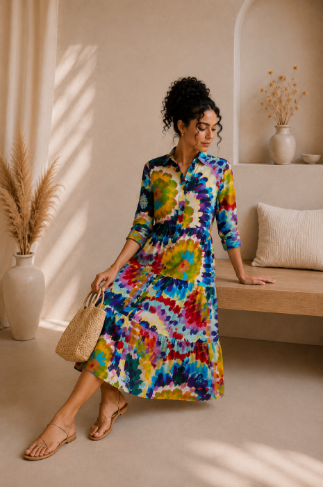 Rochie multicolora din bumbac cu imprimeu violet [4]