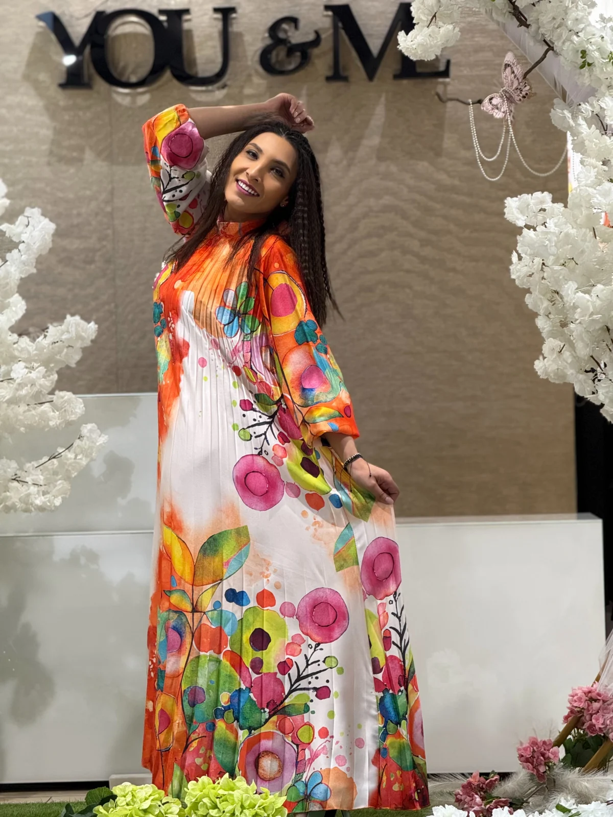 Rochie multicolora plisata lunga pe fond portocaliu [5]