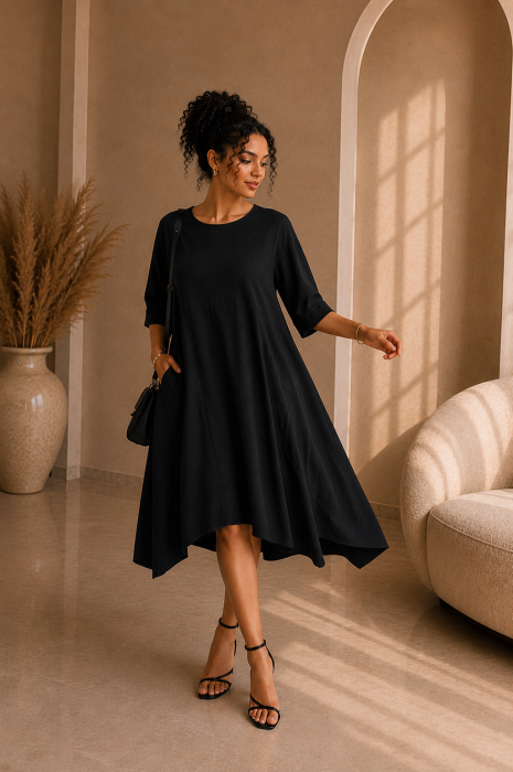 Rochie neagra casual cu guler rotund [3]