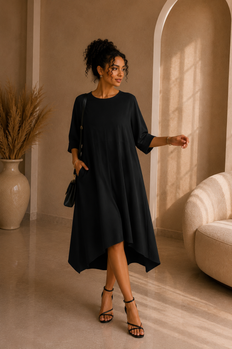 Rochie neagra casual cu guler rotund [4]