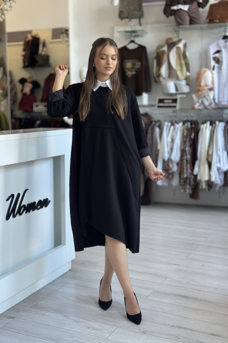 Rochie neagra casual cu guler rotund [2]