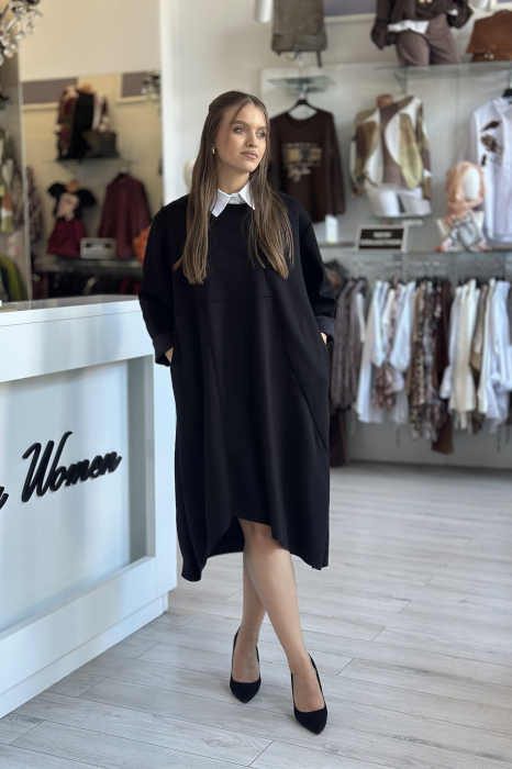 Rochie neagra casual cu guler rotund