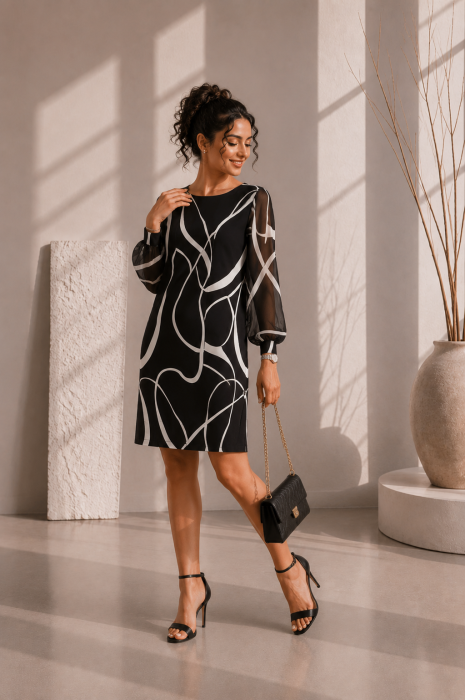 Rochie neagra in croi drept cu dungi albe curbate [2]