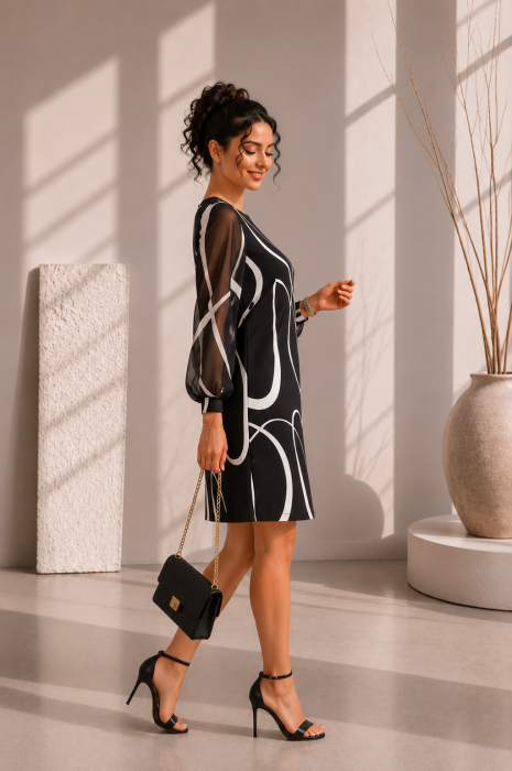 Rochie neagra in croi drept cu dungi albe curbate [4]