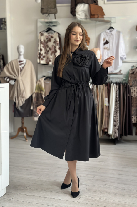 Rochie neagra tip camasa cu brosa detasabila [2]