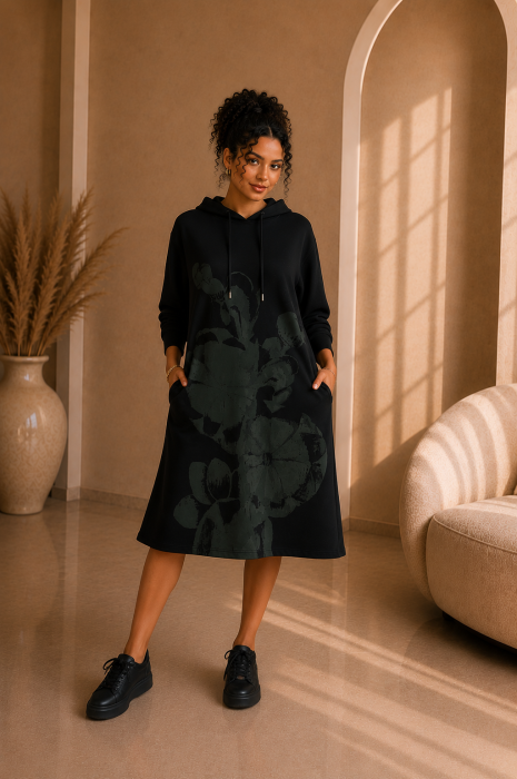 Rochie neagra tip hanorac cu buzunare si imprimeu floral [2]