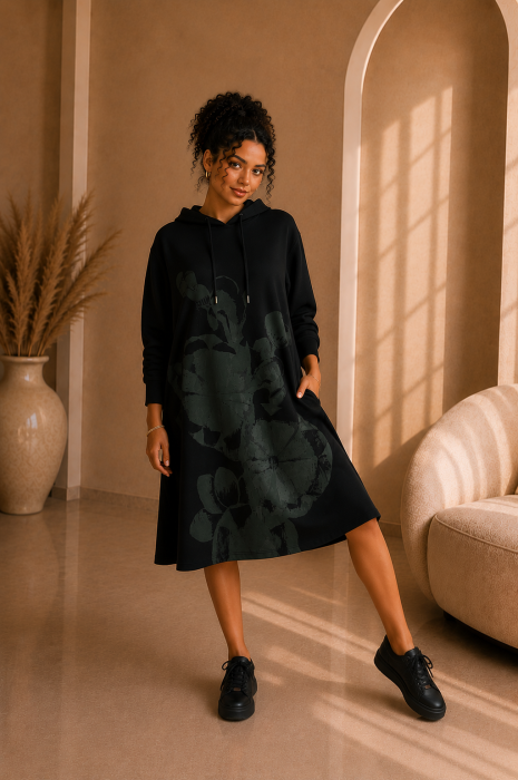 Rochie neagra tip hanorac cu buzunare si imprimeu floral [3]