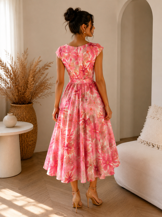 Rochie pe fond bej cu imprimeu floral roz [3]