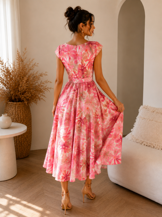 Rochie pe fond bej cu imprimeu floral roz [4]