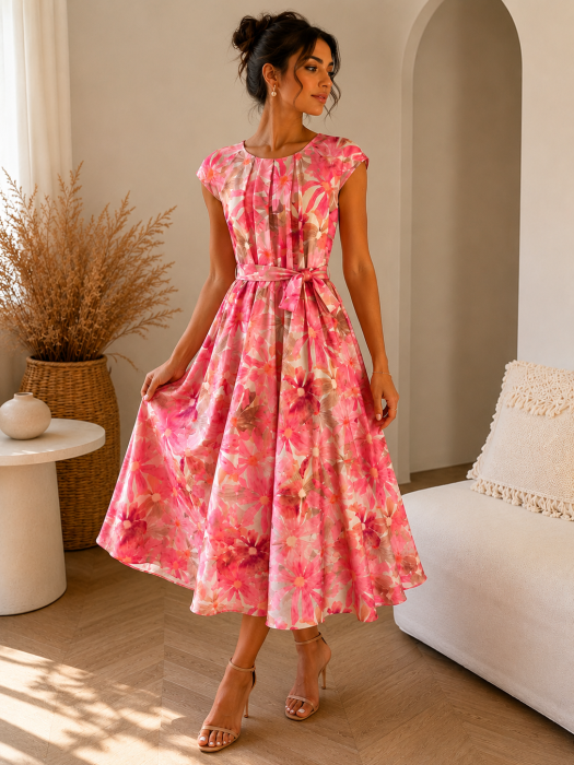 Rochie pe fond bej cu imprimeu floral roz [2]