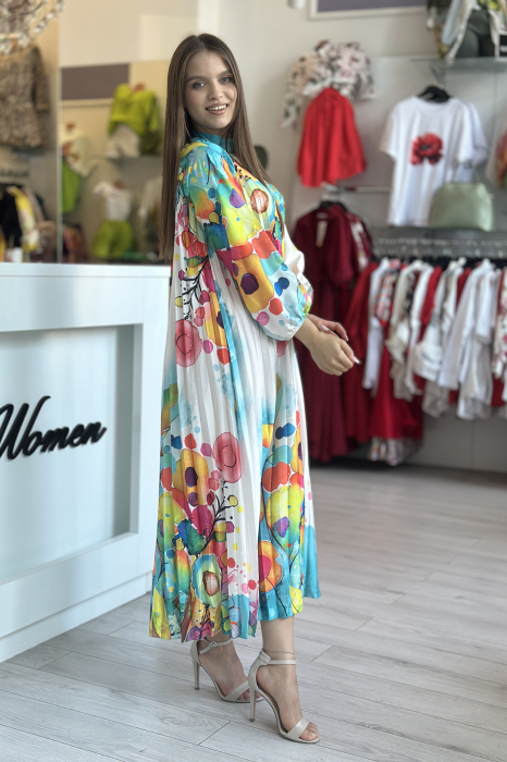 Rochie plisata alb cu turcoaz si imprimeu colorat [3]