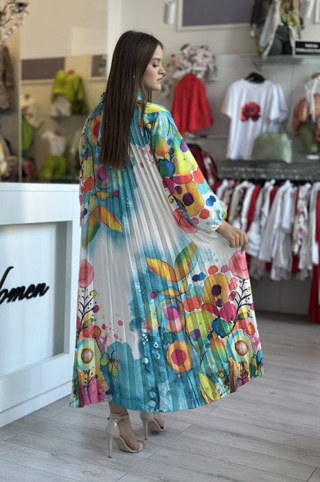 Rochie plisata alb cu turcoaz si imprimeu colorat [4]