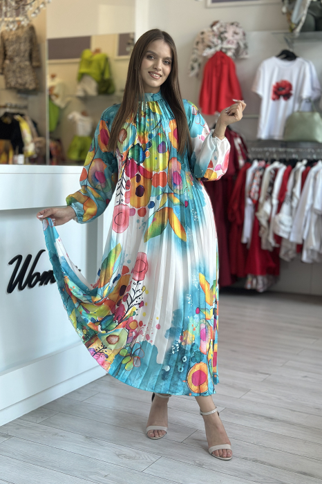 Rochie plisata alb cu turcoaz si imprimeu colorat [2]