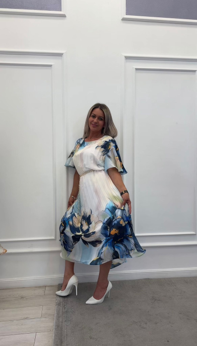 Rochie plisata alba cu imprimeu bleumarin si maneci clopot [2]