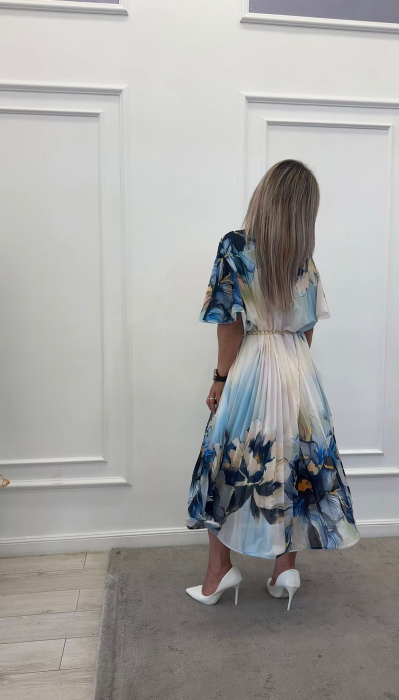 Rochie plisata alba cu imprimeu bleumarin si maneci clopot [3]