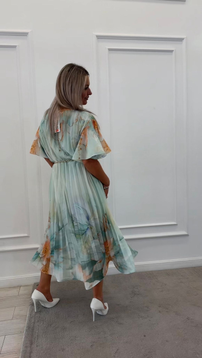 Rochie plisata turcoaz cu maneci clopot [4]