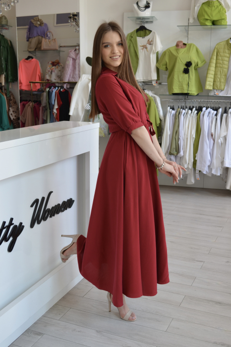 Rochie rosie bordo cu guler si cordon in talie [3]