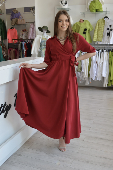 Rochie rosie bordo cu guler si cordon in talie [2]