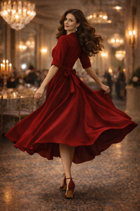 Rochie rosie bordo cu guler si cordon in talie [3]