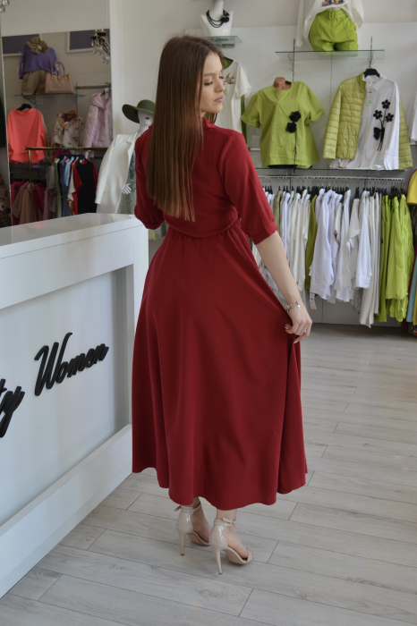 Rochie rosie bordo cu guler si cordon in talie [4]