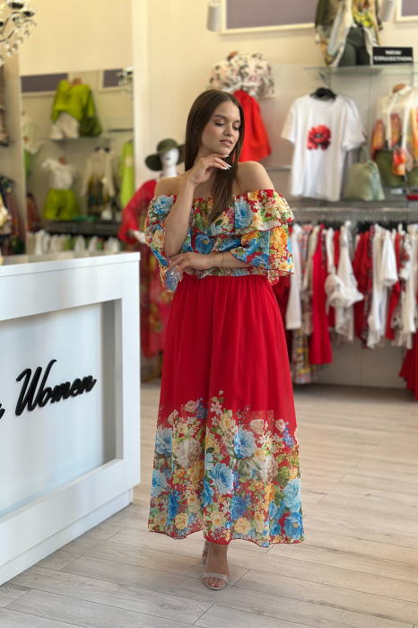 Rochie rosie din voal cu imprimeu flori multicolore [2]