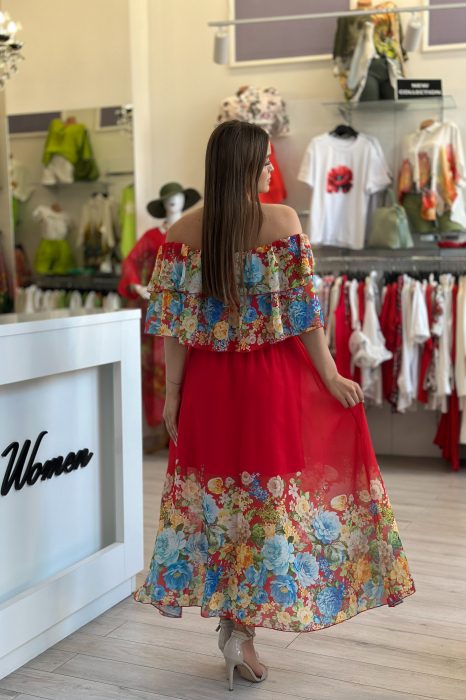 Rochie rosie din voal cu imprimeu flori multicolore [4]