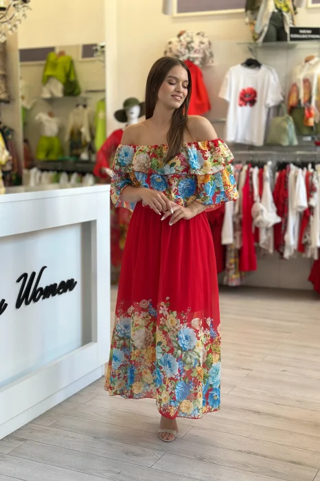 Rochie rosie din voal cu imprimeu flori multicolore [4]