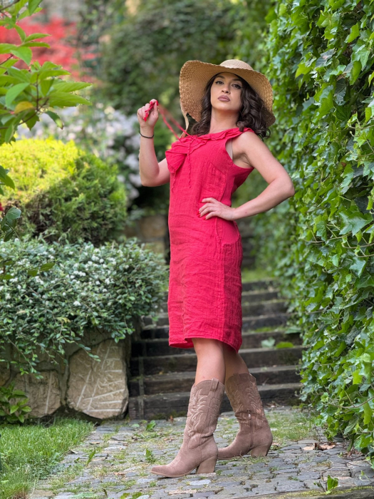 Rochie rosie scurta din in cu volanase [3]