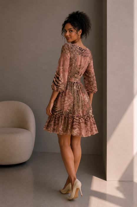 Rochie roz prăfuit cu imprimeu animal print și curea [4]