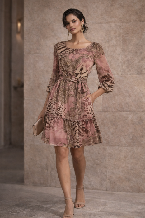 Rochie roz prăfuit cu imprimeu animal print și curea [3]