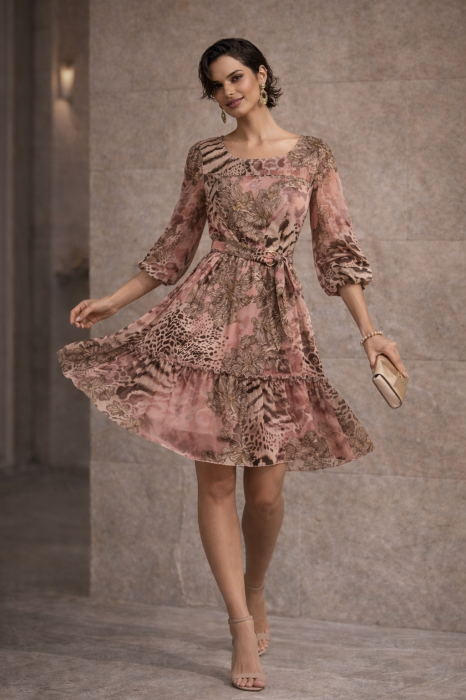 Rochie roz prăfuit cu imprimeu animal print și curea [2]