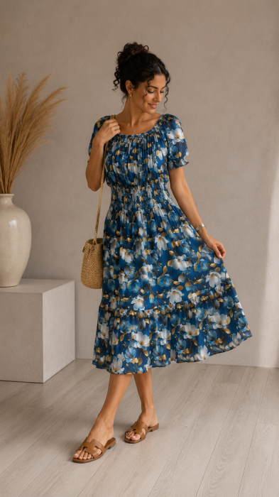 Rochie scurta albastra cu imprimeu flori bej [2]