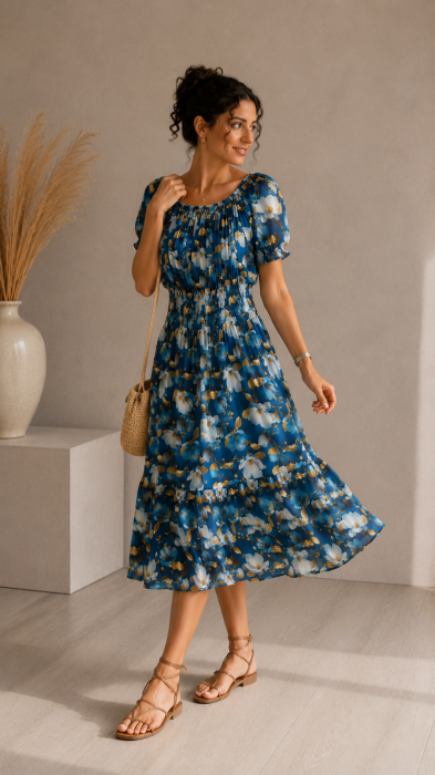 Rochie scurta albastra cu imprimeu flori bej [3]