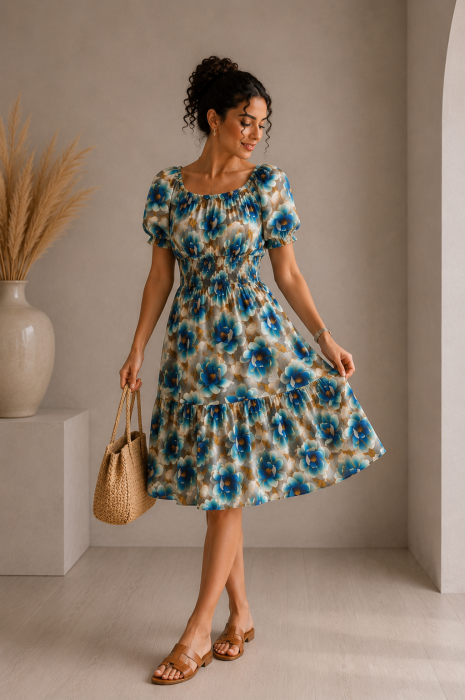 Rochie scurta bej cu imprimeu flori albastre [2]