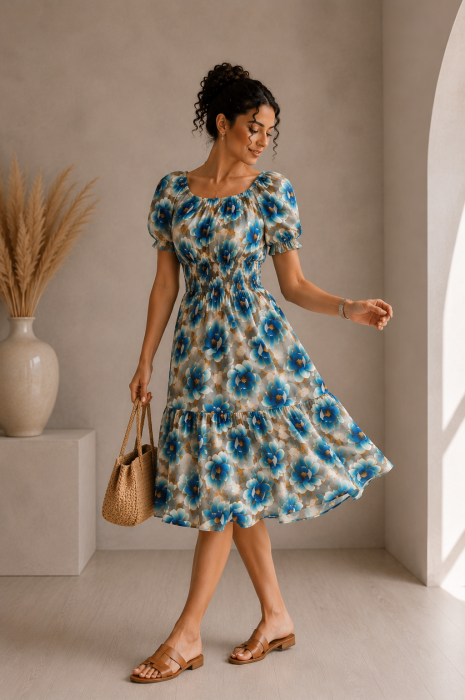 Rochie scurta bej cu imprimeu flori albastre [3]