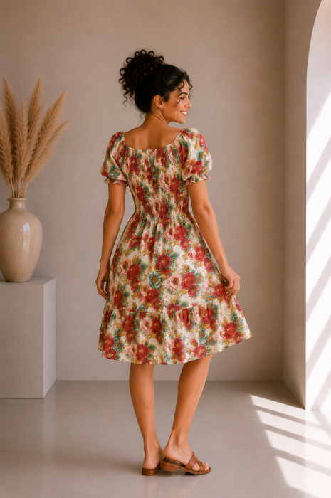 Rochie scurta bej cu imprimeu flori fuxia [4]