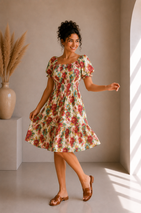 Rochie scurta bej cu imprimeu flori fuxia [2]