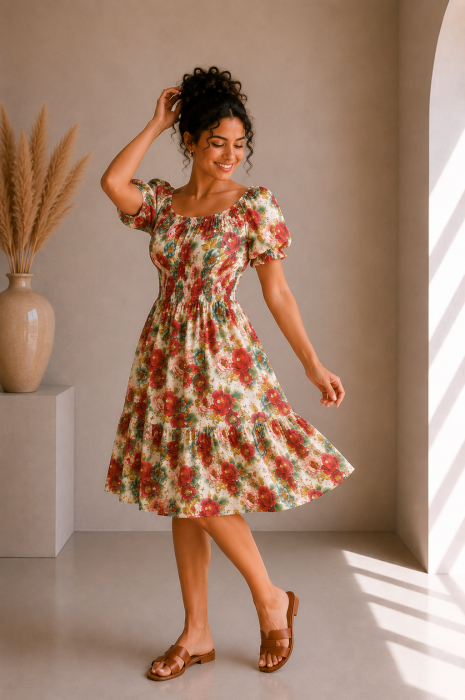 Rochie scurta bej cu imprimeu flori fuxia [3]