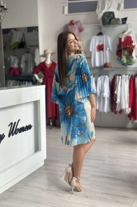 Rochie scurta cu imprimeu floral albastru pe fond bej [4]